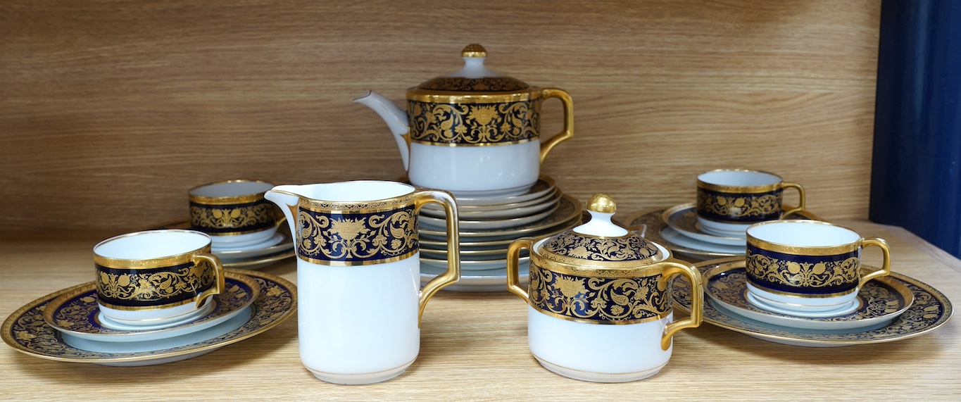 A Comte Harrach, Karlsbad, Bavarian rich dark blue and gilt banded part tea set, largest 32cm wide. Condition - fair to good